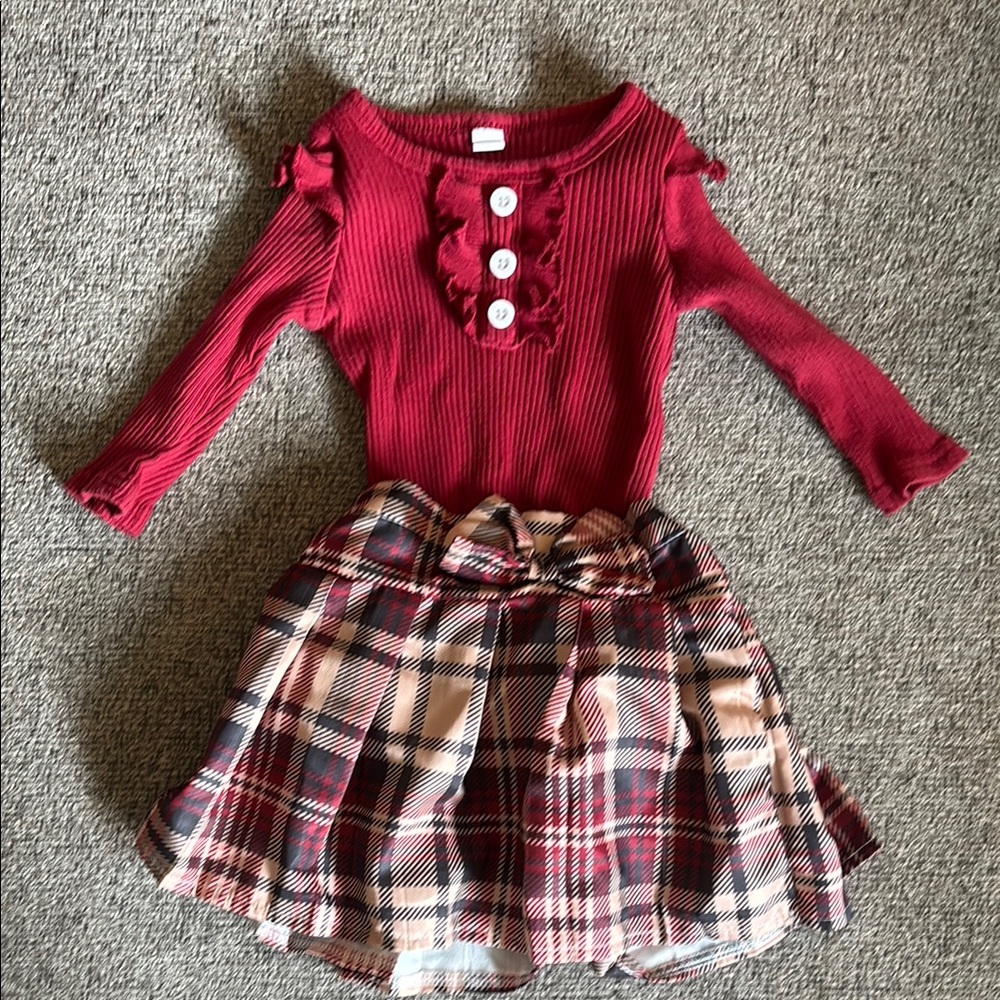 Red Ruffled Long Sleeve Top with Plaid Skirt 6-9 Months